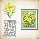 Floral cutting dies with a card featuring yellow flowers and 'Hallelujah' text on a textured background.