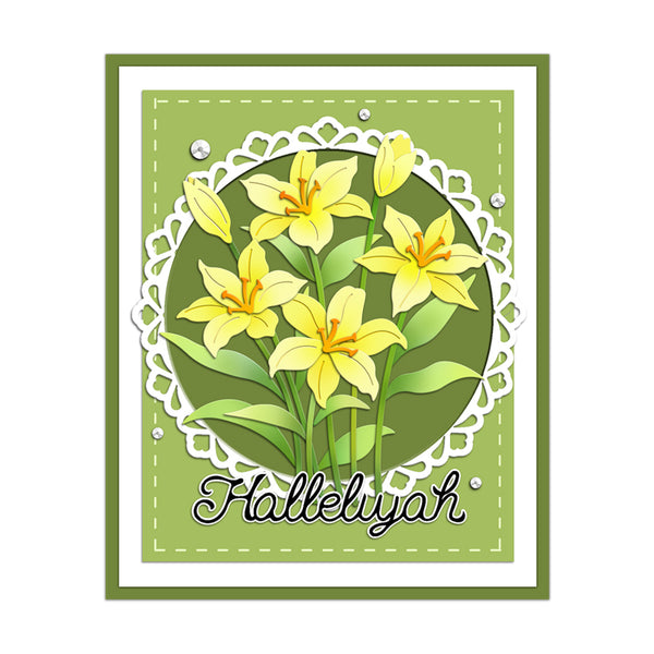 Card with yellow flowers and 'Hallelujah' text on a green background