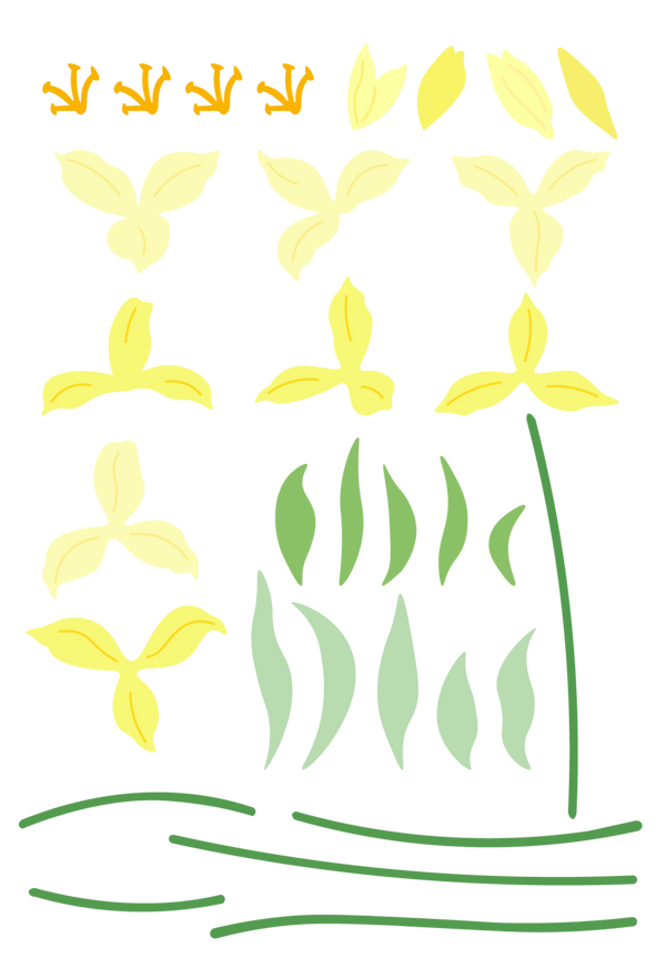 Illustration of yellow flowers with green leaves on a white background