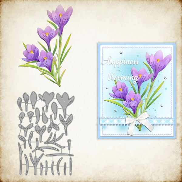 Metal die cut with purple crocus flowers and a card with similar design on a textured background