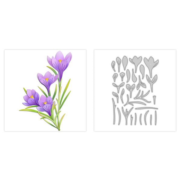 Illustration of purple flowers with green leaves on a white background