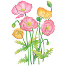 Illustration of pink and yellow flowers with green leaves on a white background