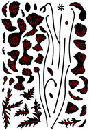 Decorative pattern with black and red floral shapes on a white background