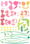 Colorful sea-themed temporary tattoos with shells, seaweed, and starfish on a white background.
