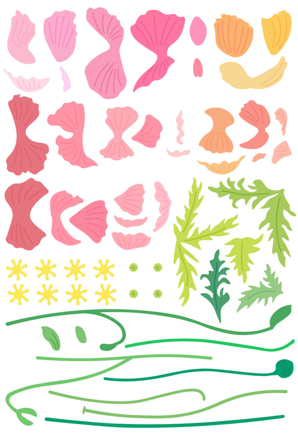 Colorful sea-themed temporary tattoos with shells, seaweed, and starfish on a white background.