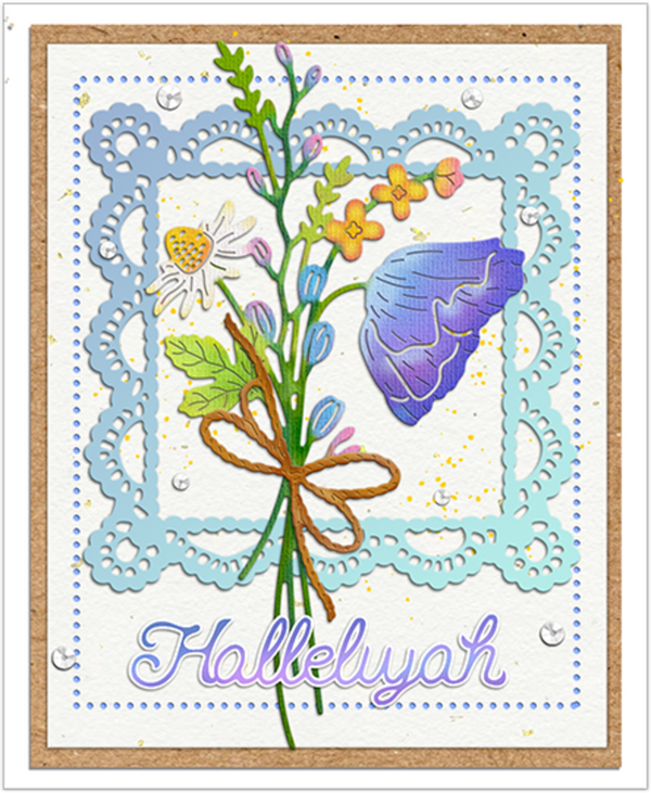 Greeting card with flowers, butterfly, and 'Hallelujah' text on a decorative border.
