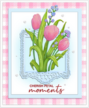 Card with pink tulips and 'Cherish Petal Moments' text on a pink and white checkered background