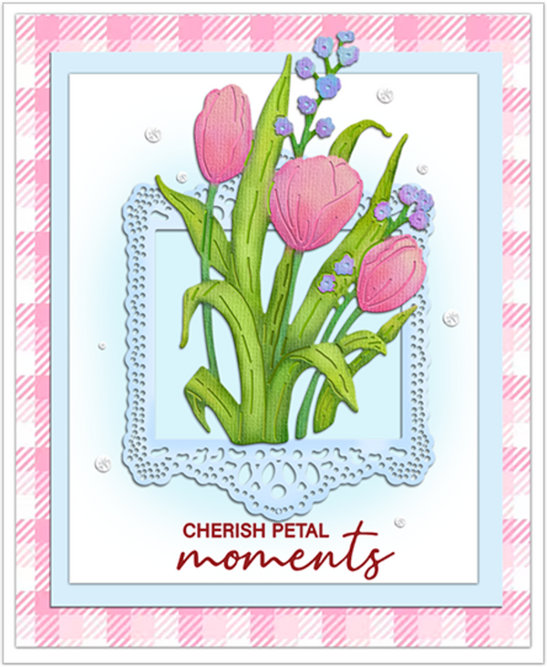 Card with pink tulips and 'Cherish Petal Moments' text on a pink and white checkered background
