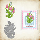 Floral stamp, die-cut, and printed card on a textured background