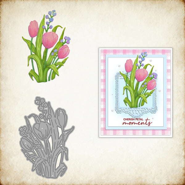 Floral stamp, die-cut, and printed card on a textured background