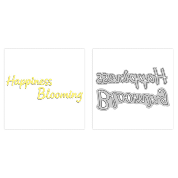 Metallic 'Happiness Blooming' die cut on a white background