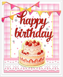 Happy Birthday card with a strawberry cake illustration on a pink checkered background.