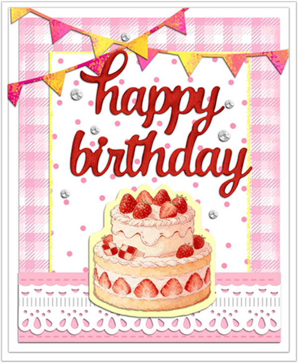 Happy Birthday card with a strawberry cake illustration on a pink checkered background.