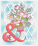 Card with pink flowers, 'and you & me' text, and decorative elements on a light blue background.