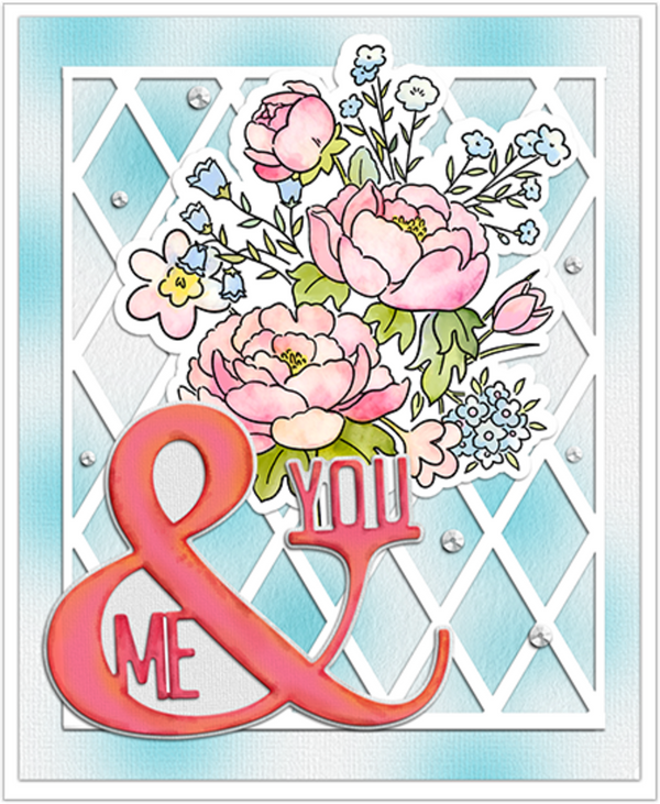 Card with pink flowers, 'and you & me' text, and decorative elements on a light blue background.