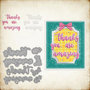 Decorative cutting dies with 'thanks you are amazing' text and a colorful card on a textured background.