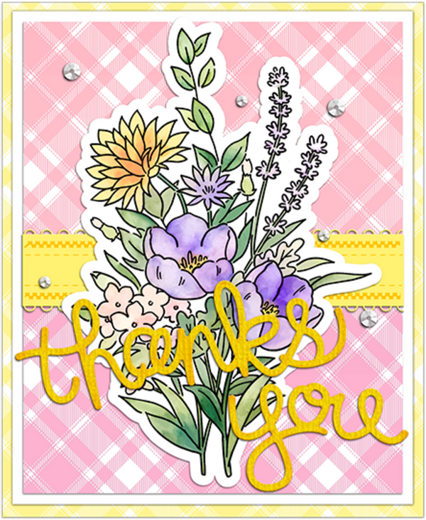 Card with floral design and 'thanks you' text on a pink plaid background