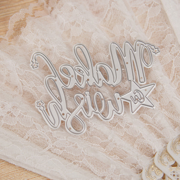 Metallic 'Hello My Sweetie' cutting die on lace fabric