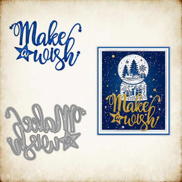 Decorative cutout with 'Make a wish' text and snow globe design on a textured background.