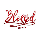 Red cursive text spelling 'Blessed' on a white background