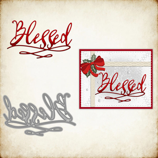 Metal cutting die with 'Blessed' text and a Christmas-themed card with a bow and holly.