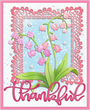 Card with pink flowers, green leaves, and the word 'thankful' on a decorative border.
