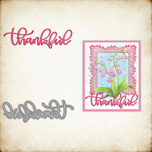 Decorative card with floral design and 'thankful' text on a textured background