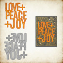 Metal cutting dies with 'Love + Peace + Joy' text on a textured background