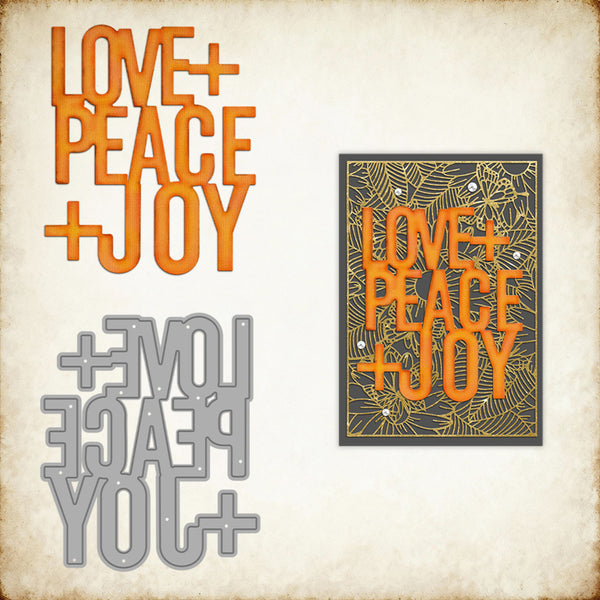 Metal cutting dies with 'Love + Peace + Joy' text on a textured background