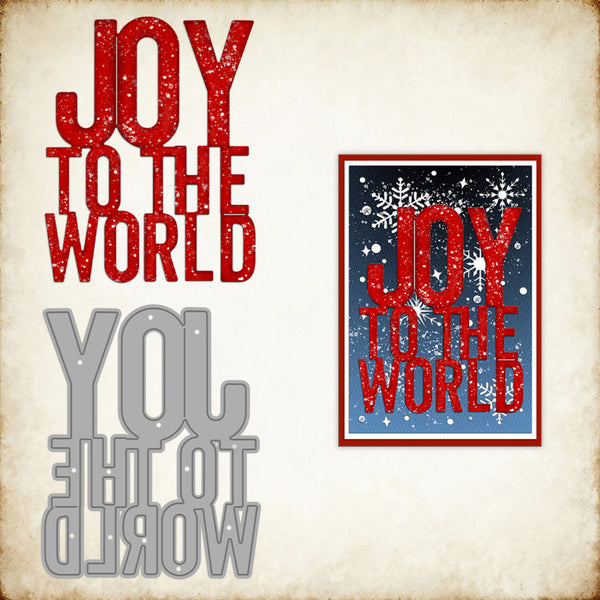 Decorative metal cutout with 'Joy to the World' text on a textured background