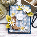 Card with cowboy boot, flowers, and motivational quote on a checkered background