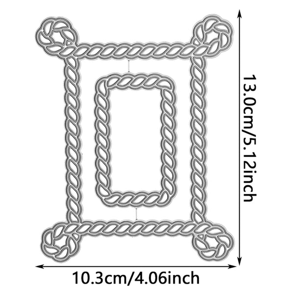 Metal die cut frame with dimensions on a white background