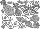 Metal die cut shapes of butterflies, leaves, and flowers on a white background