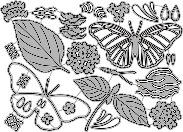 Metal die cut shapes of butterflies, leaves, and flowers on a white background