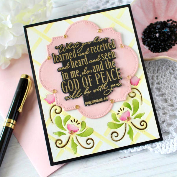 Decorative card with floral design and inspirational quote on a soft pink background