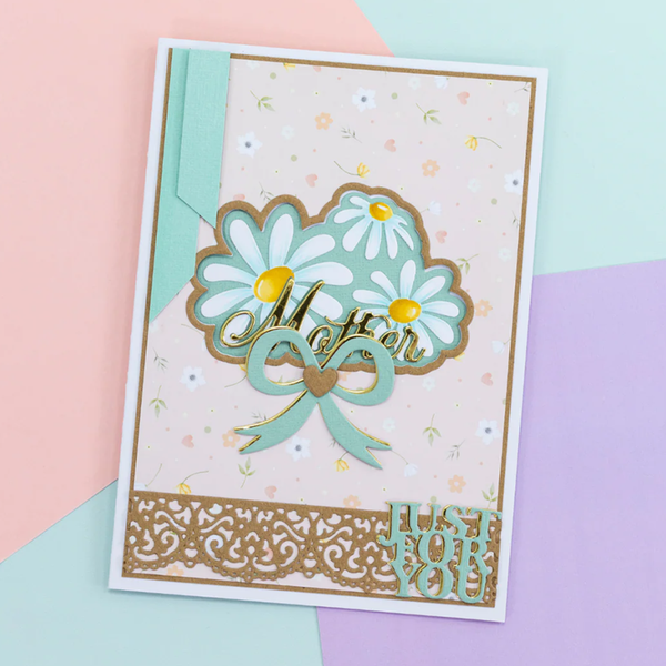 Greeting card with floral design and 'Mother' text on a colorful background