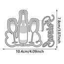 Metal cutting die with champagne bottle and glasses design, featuring dimensions on a white background.