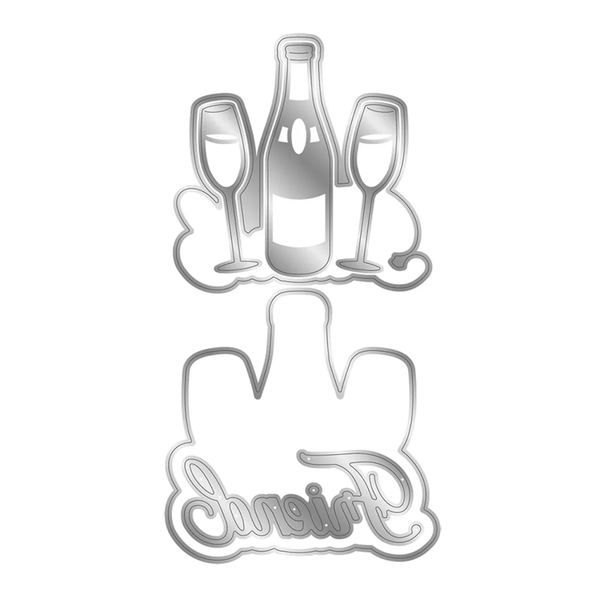 Metallic cookie cutter shaped like a hand with a bottle and two glasses, and the word 'Champagne' on a white background.