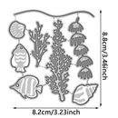 Set of metal cutting dies with ocean-themed designs including fish, shells, and seaweed, with dimensions displayed.