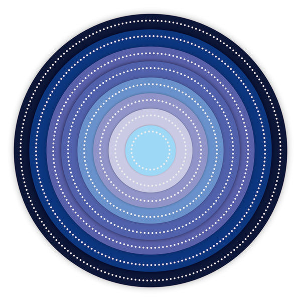 Circular design with concentric blue and purple rings on a white background