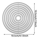 Circular metallic object with concentric rings and measurements on a white background