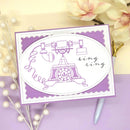 Greeting card with vintage phone illustration and 'ring ring' text on a purple background with flowers and pearls.