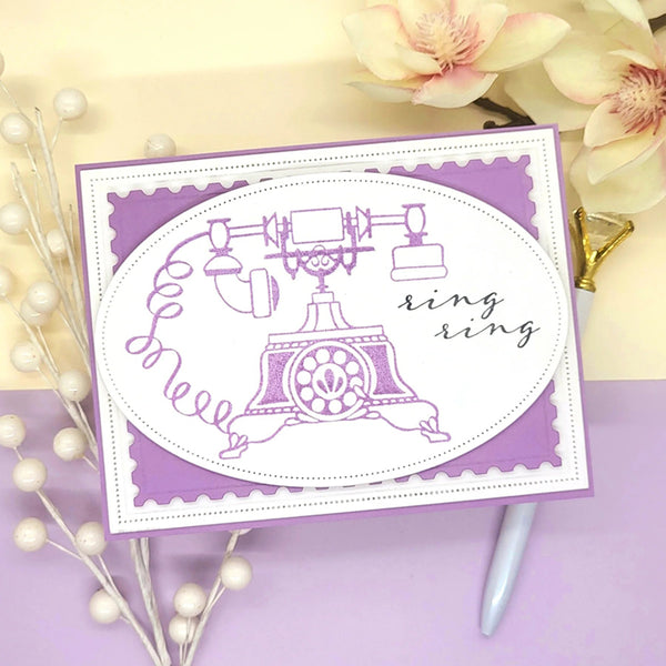 Greeting card with vintage phone illustration and 'ring ring' text on a purple background with flowers and pearls.