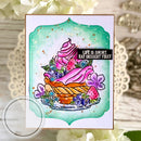 Colorful card with a pie and ice cream illustration and 'Life is Short, Eat Dessert First' text.