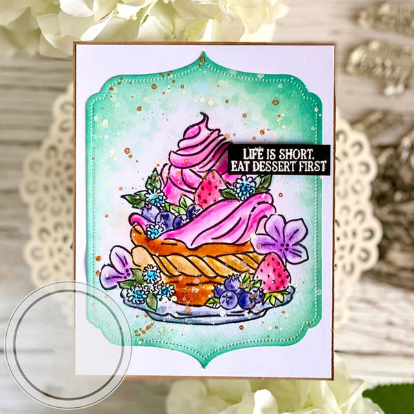 Colorful card with a pie and ice cream illustration and 'Life is Short, Eat Dessert First' text.