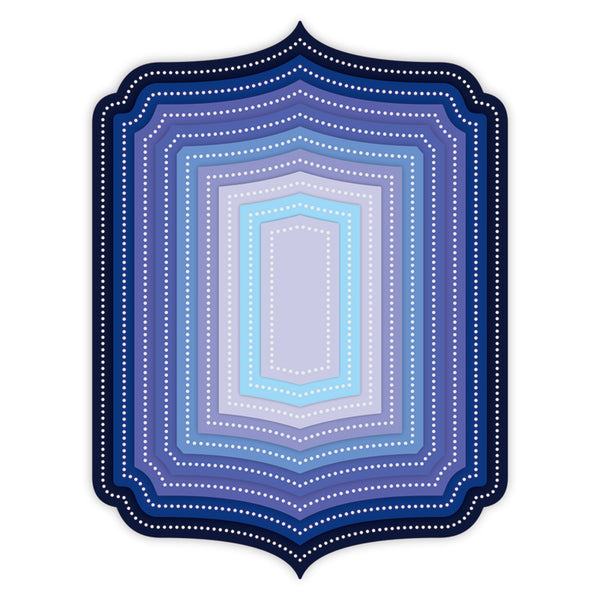 Decorative blue and white patterned border on a white background