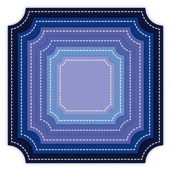 Blue decorative border with white stitching on a white background