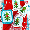 Collection of Christmas-themed greeting cards with trees and festive text on a white background.