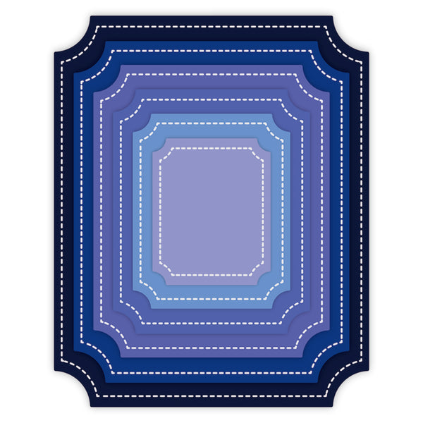 Blue decorative border with white stitching on a white background