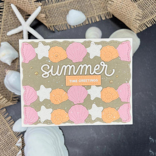 Card with summer design featuring shells and text, surrounded by starfish and burlap.